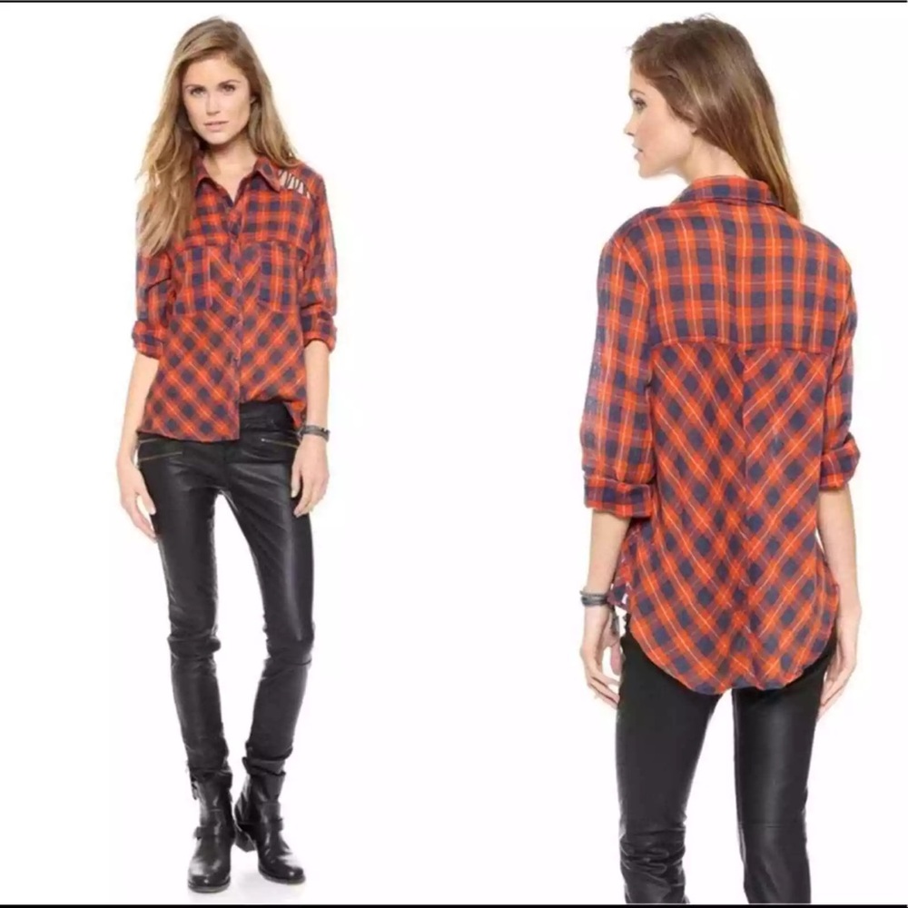 FREE PEOPLE Gauzy Plaid Cutout Long Sleeved Top Sz M